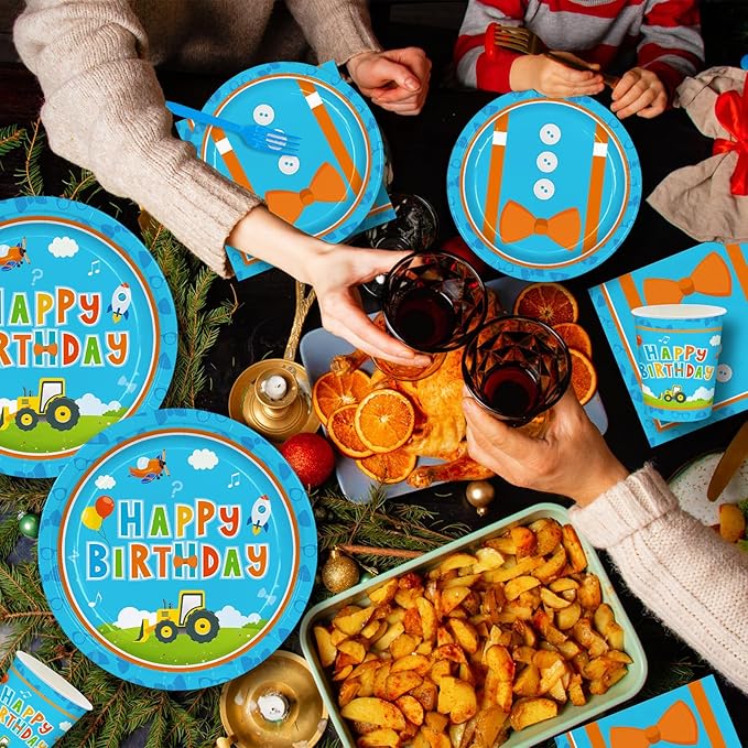 168pcs Blue Birthday Party Supplies Orange Plates Napkins Paper Cups Blue Forks Boys Cartoon Birthday Party Decorations Disposable Tableware Set Serve 24