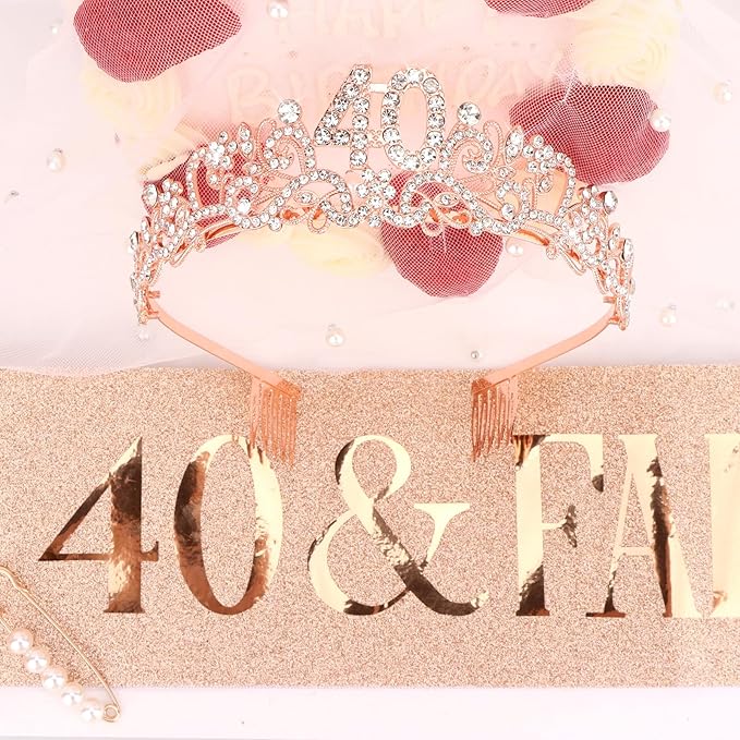 Semato 40th Birthday Decorations for Women Sash and Crown Tiara Kit Rose Gold 40th Birthday Gifts Her Party Supplies