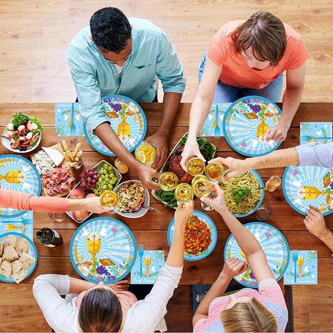 96 Pcs Blue Baptism Plates and Napkins, First Holy Communion Party Decorations Supplies for Boys God Bless Christening Celebration Party Baby Shower Disposable Paper Dinnerware, Serves 24