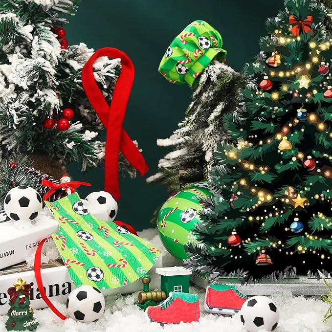 Kacctyen 15 Pcs Soccer Themed Christmas Accessories Include Sleeping Bag, Apron, Chef Hat, Scarf, Pillow, Eye Mask, Shoes, Mask, Hammock for Doll Props