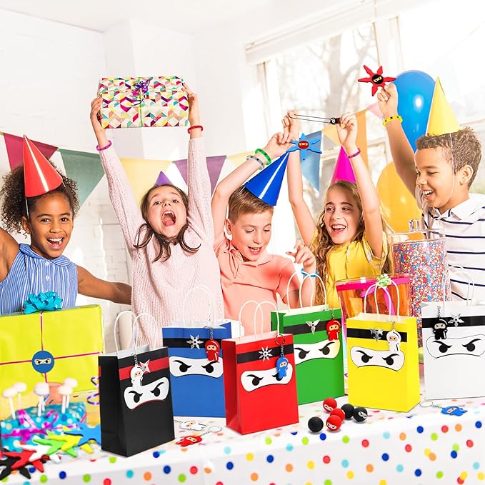 16 Guests 128 Pcs Ninja Party Favors Include Ninja Paper Bags Bouncy Balls Throwing Favors Flying Slingshot Headbands Silicone Bracelets Keychains Stickers for Birthday Party Supplies