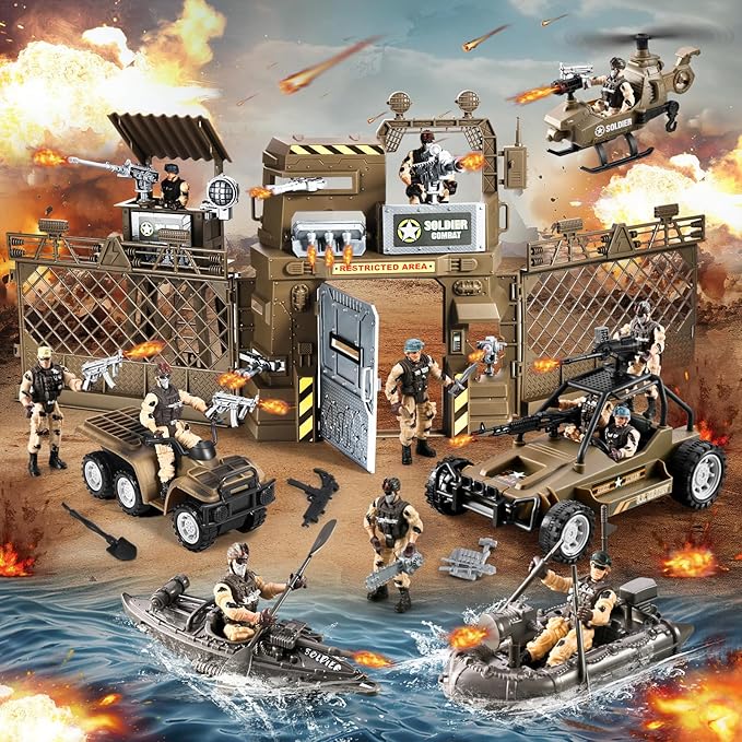 86-In-1 Army Men Toys for Boys 4-7 6-8 8-12, Military Base/Truck/Kayak Boat/Motorcycle/Helicopter/Army Men Action Figures/ Weapon Gear Accessories, Military Combat Toys Kids Boys Birthday Gifts
