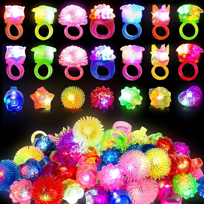 65 Pack Light Up Rings Glow in The Dark Party Supplies, Glow Rings Bulk Party Favors for Kids Adults, LED Colorful Rubber Ring Surprise Gift for Birthday Christmas Easter Egg Fillers Party Decorations