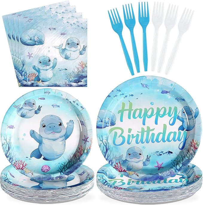 96Pcs Manatee Birthday Decorations Blue Under the Sea Plates and Napkins Ocean Animal Theme Decorations Favors for Kids Sea Ocean Marine Creature Birthday Baby Shower Party Supplies Serves 24