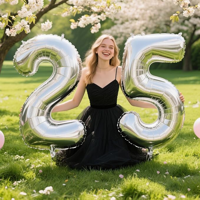 40 Inch Silver Number 25 Digital Balloon,Jumbo Mylar Foil Helium Balloon for 25 Balloons for Birthday Party,Wedding Anniversary Party Decorations
