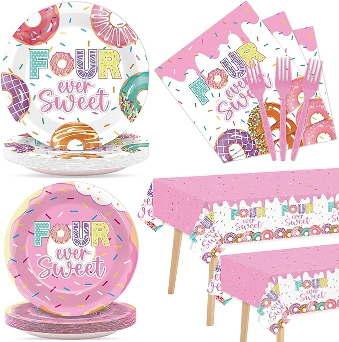 98 Pieces Four Sweet Donut Birthday Party Supplies for 24 Guests Girls Donut Tableware Set Baby Girl 4th Birthday Donut Plates and Napkins Tablecloth Party Decorations Dinnerware Party Favors