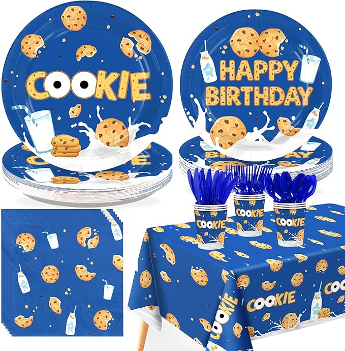 170Pcs Milk and Cookies Birthday Party Decorations Blue Chocolate Chip Milk Cookie Theme Plates Napkins Cups Forks Knives Spoons Tablecloths for Kids Birthday Baby Shower Party Supplies Serves 24