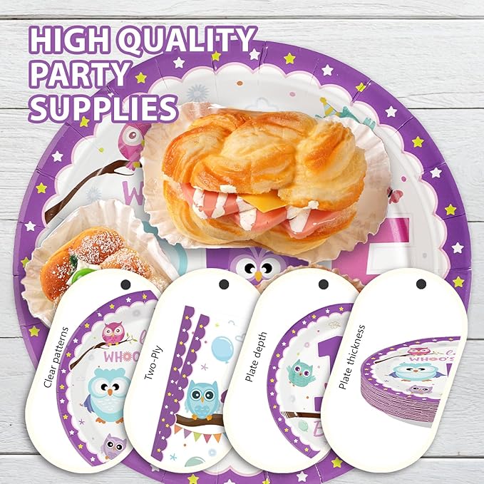 96Pcs Owl 1st Birthday Party Supplies Cute Owl Plates and Napkins Look Whoo's Turning One Tableware Set for One Years Old Boys Girls Animals Theme Birthday Party Decorations Serves 24