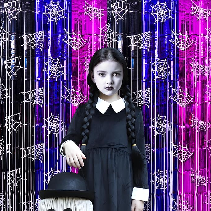 Wednesday Birthday Party Supplies, 2 Pack Wednesday Party Decorations 3.3x6.6ft Black Purple and Pink Tinsel Foil Fringe Curtains, Gothic Photo Booth Prop Backdrop Streamer for Girl in Dark