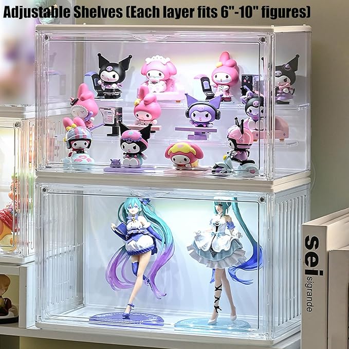 Acrylic Display Case for Collectibles with LED Light, 3-Tier Adjustable Figure Showcase, Stackable Magnetic Door for Lego Toys & Action Figures