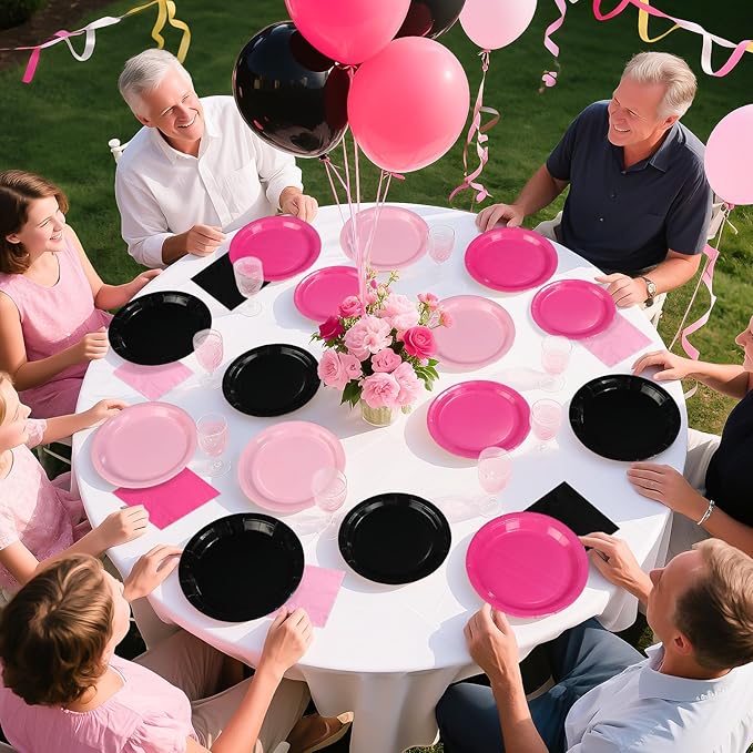 96Pcs Hot Pink and Black Birthday Decorations Pink and Black Party Plates and Napkins Disposable Pink Paper Plates for Baby Shower Girls Women Birthday Bridal Shower Spring Summer Party Supplies