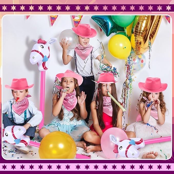 Xtinmee 36 Pcs Cowboy Party Costume Set, Cowboy Hats Paisley Bandanas Inflatable Stick Horses Kids Party Supplies