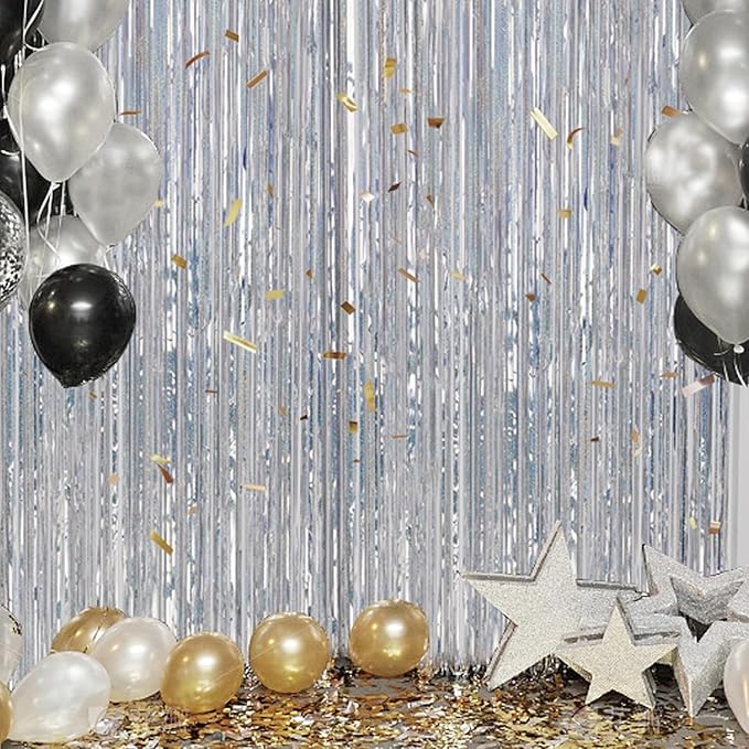 3 Pack Foil Fringe Backdrop - Laser Silver Shiny Tinsel Curtains for Party Decoration/Photo Booth Props - 3.3x8.2 FT Metallic Foil Backdrop for Birthday, Wedding, Graduation, Christmas.