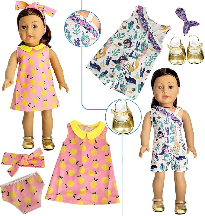 American Doll Clothes and Accessories for 18 Inch Doll, 18" Clothes Dress, Total 19 Pcs Including 8 Sets of Clothing Outfits with Shoes, Underwear, Headband, and Cap (Not Include The Doll)