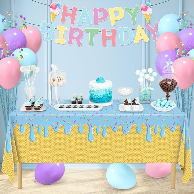REDWORD Ice Cream Party Supplies, 2PCs Ice Cream Tablecloths Plastic Tablecloth Ideal Table Cover for Icecream Birthday Decoration Summer Themed Parties Girls’ Parties