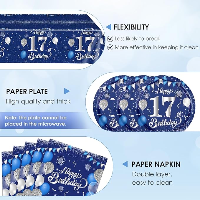 41 PCS 17th Birthday Decorations for Boys Girls Disposable Blue Sliver 17 Year Old Tableware Happy 17th Birthday Dessert Plates Napkins Tablecloth Set for 17 Year Old Teenage Boy Party Supplies