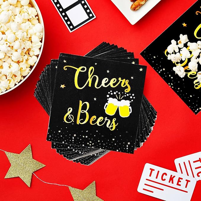 40 Pcs Cheers & Beers Napkins Cheers Beer Party Supplies Disposable Cocktail Napkins Black and Gold Foil Paper Napkins for 30th 40th 50th 60th 70th 80th 90th Birthday Wedding Anniversary Decoration