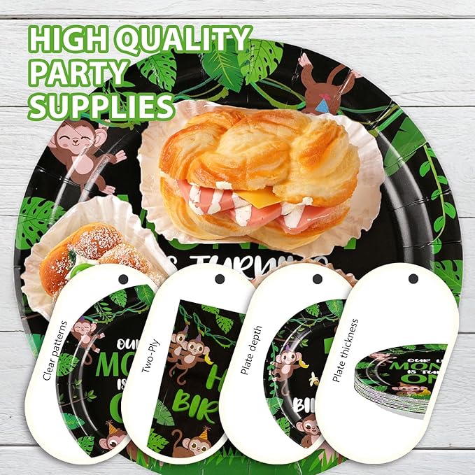 96Pcs Monkey 1st Birthday Party Decorations Our Little Monkey is Turning One Plates and Napkins Happy First Birthday Tableware Set for Wild Jungle Animal Theme Party Supplies Serves 24