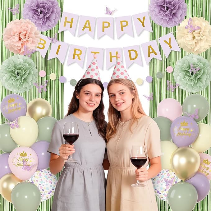 Fairy Birthday Decorations for Women Girls, Lavender Green Pastel Pink Yellow Metallic Printed Balloons Butterfly Stickers Fringe Curtain Happy Birthday Banner Circle Dot Paper Pompom Party Supplies
