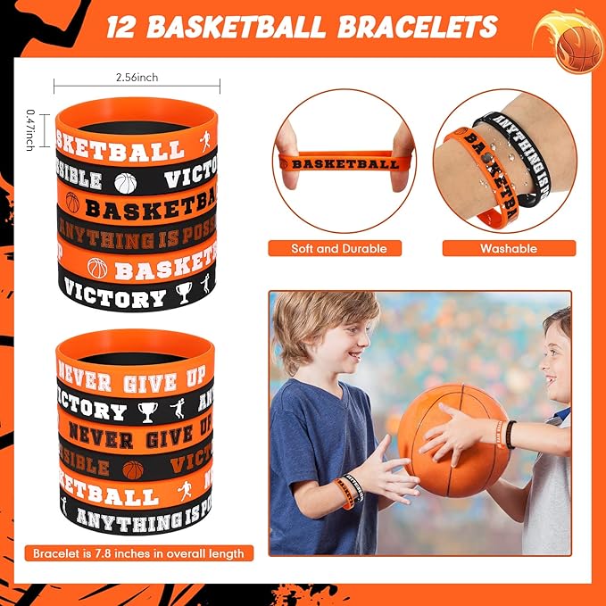 LEIFIDE 48 Pcs Basketball Party Favors 12 Sets Silicone Bracelet Drawstring Treat Bag Mini Stress Ball Keychains for Basketball Birthday Party Supplies