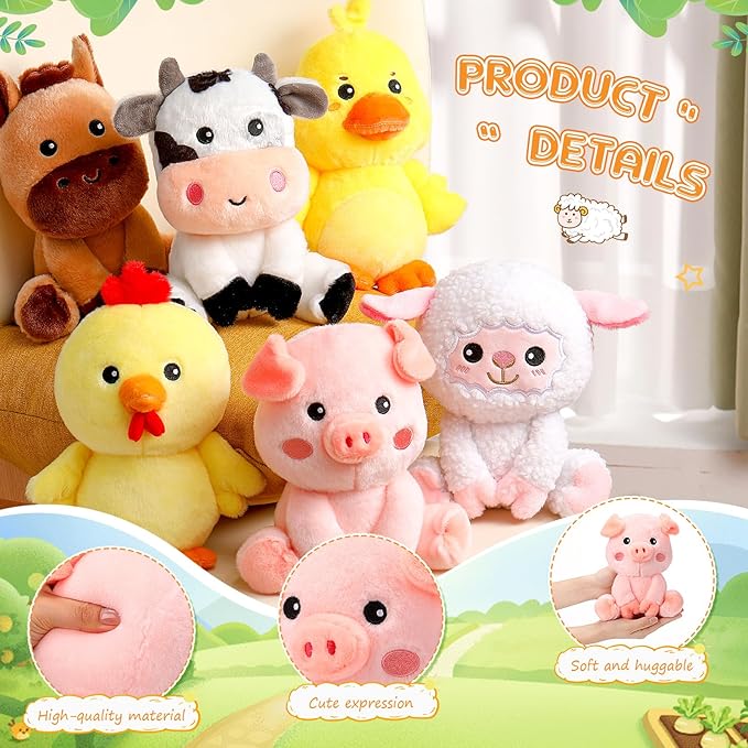 6 Pcs Farm Animals Toys 7 Inch Horse Sheep Cow Duck Chick Pig Large Stuffed Animals Bulk for Woodland Baby Showers Party Decor Birthday Gifts Classroom Teacher Student Awards