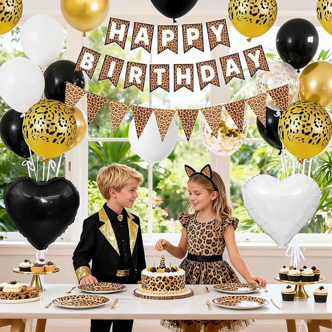 Leopard Print Happy Birthday Decorations, Gold Cheetah Print Animal Balloons Black White and Heart Balloons with Birthday Banner for Safari Wild Birthday Baby Shower Jungle Zoo Theme Party Supplies