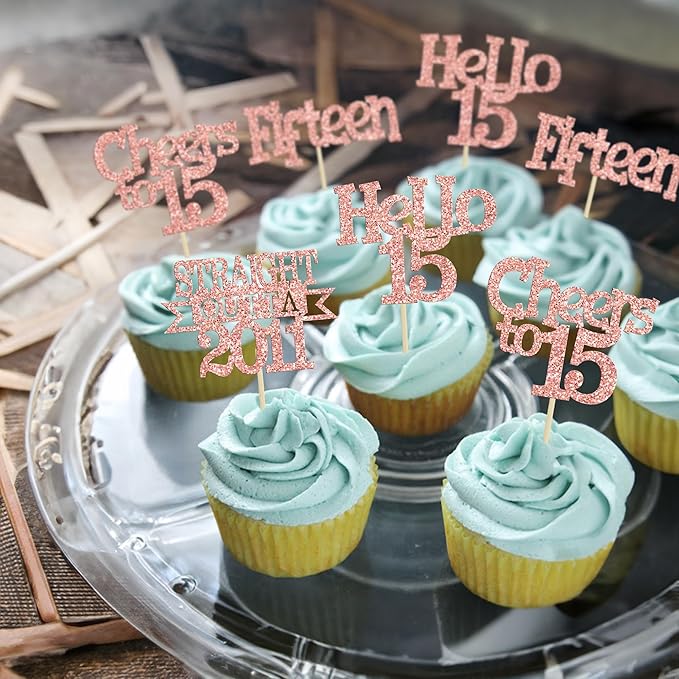 Ephlyn 24Pcs 15th Birthday Cupcake Toppers Glitter Straight Outta 2011 Cupcake Picks Hello 15 Cheers to 15 Years Cake Decorations for 15th Birthday Anniversary Party Decorations Supplies Rose Gold