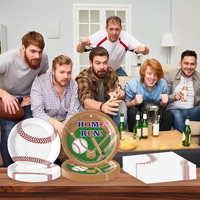 96Pcs Baseball Plates and Napkins Party Supplies- Baseball Birthday Paper Plates Napkins Forks Disposable Dinnerware Party Decor for Baseball Fans Baby Shower Birthday Gatherings Serves 24
