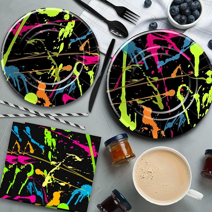 Neon Party Supplies Dinnerware, Neon Graffiti Theme Glow In The Dark Party Decorations Tableware for Birthday Baby Shower, Paper Plate, Napkin, Tablecloth, Fork | Serves 24