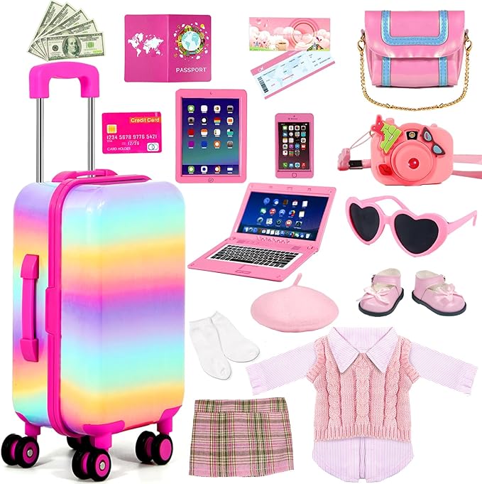 27 PCS American 18-inch-Doll-Clothes and Accessories-Travel-Suitcase Luggage,Clothes and Shoes, Bag, Sunglasses, Camera, Passport, Notebook, Phone, pad Travel Gear Play Set Fit(No Doll)