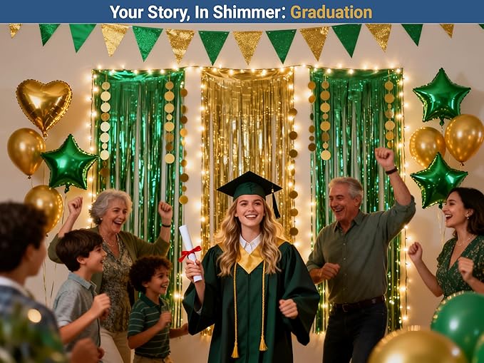3 Packs Green Gold Foil Fringe Curtains Green Birthday Decorations Streamer 9.9ft for Wedding Party Backdrop Bridal Shower Tinsel,Birthday Party Door Cover Each 3.3 x 6.5 ft