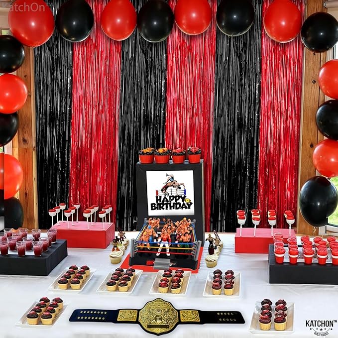 KatchOn Red and Black Fringe Curtain - 6.4x8 Ft Pack of 2 | Red and Black Streamers for Casino Theme Party Decorations | Foil Fringe for Anniversary, Bachelorette, Birthday Decorations