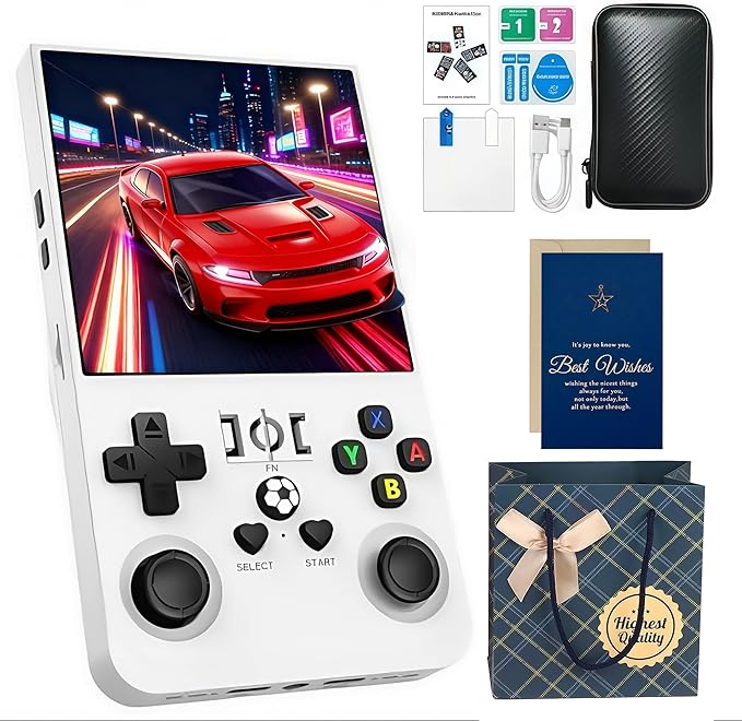 MYCHA R36MAX Retro Handheld Game Console Christmas Set with Gift Card & Bag,4 inch HD IPS Screen 128GB 21000+Classic Games,Portable Gift for Gamer (White)
