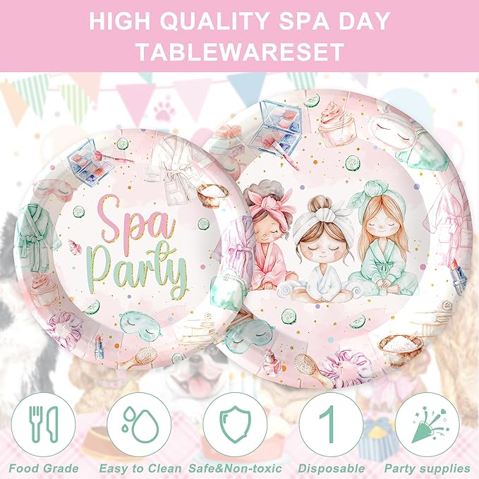 120PCS Spa Party Supplies Pink Makeup Themed Birthday Party Decorations for Girls Child Kids Slumber Sleepover Pajama Tableware Set Plates Napkins Cups Forks Knives for 20 Guests