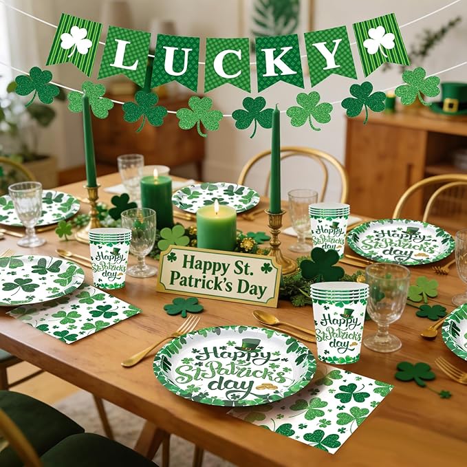 St. Patrick's Day Party Supplies Irish Themed Disposable Dinnerware Set with Lucky Shamrock Plates, Napkins, Cups, Banner and Tablecloth for St Patricks Day Saint Irish Party Decoration, Serves 24