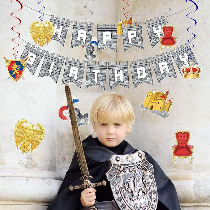 25 Pieces Medieval Birthday Banner Castle Party Supplies Knight Birthday Decorations Medieval Whirls Hanging Decorations Stone Wall Shield Armour Shield for Party Supplies