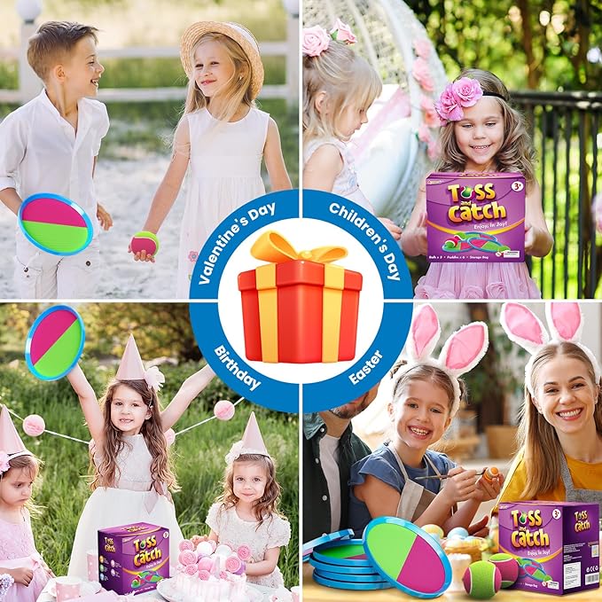 Toss and Catch Ball Set Game Kids Toys – 6 Paddles & 3 Balls, Easter Basket Stuffers Birthday Gifts for 3 4 5 6 7 8 Year Old Boy Girl, Outdoor Games for Beach Yard Pool Camping Lawn Family Party