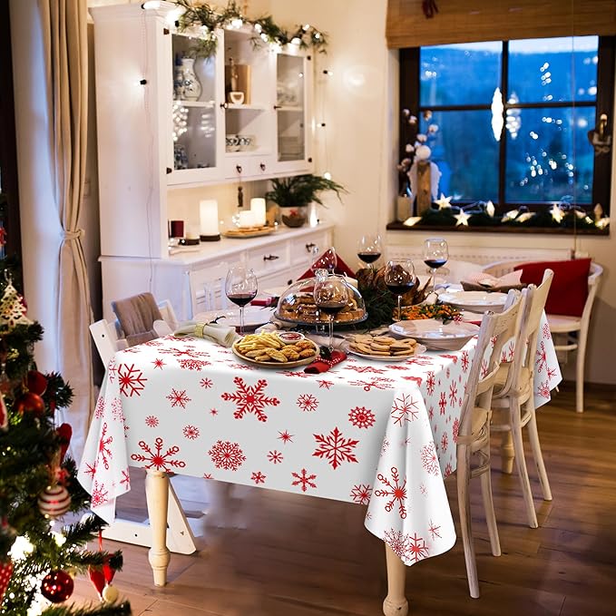 Kochorie 100 Ft x 54 Inch Red Snowflake Tablecloth Roll with Cutter Box Christmas Themed Snowflake Printed Cut to Size Table Cover Disposable Winter Backdrop for Frozen Birthday Party Supplies