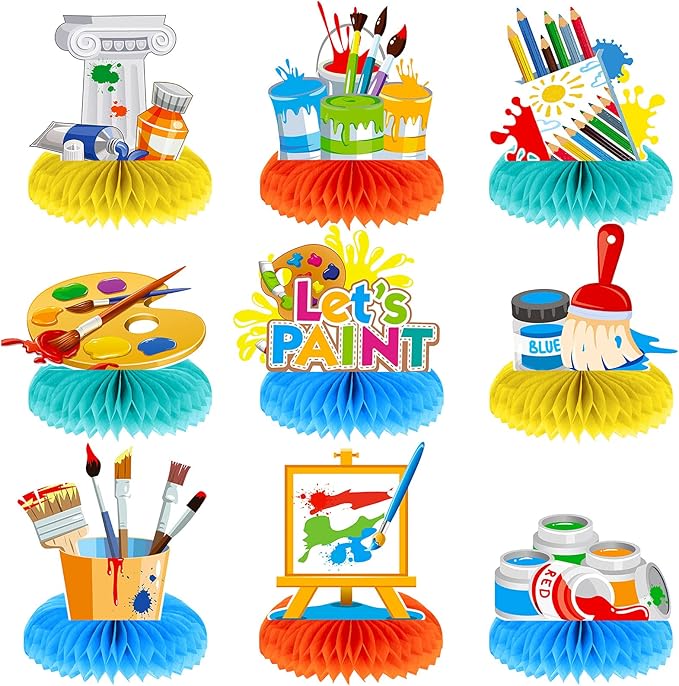 9 Pieces Paint Party Decorations Art Honeycomb Centerpiece Paint Splatter Party Supplies for Art Theme Birthday Baby Shower Decorations