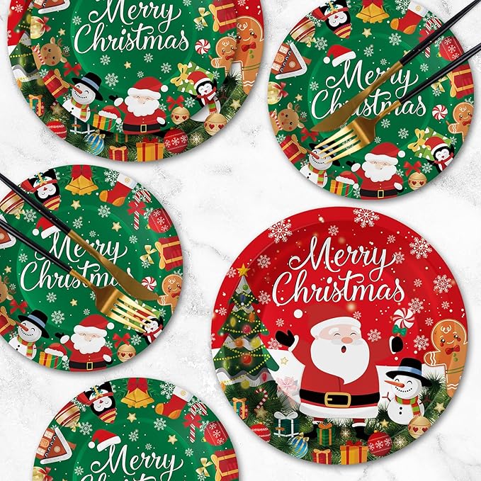 24 Pcs Merry Christmas Paper Plates - Cute Round Christmas Plates, Santa Claus Snowmen Dinner Dessert Plate Disposable Dinnerware Set for Winter Holiday Xmas Party Table Decorations Supplies Favors