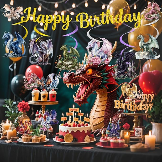 Dragon Birthday Party Decorations - Dragon Party Supplies Include Happy Birthday Banner Balloons Cupcake Topper and Hanging Swirls for Dragon's Theme Birthday Decorations