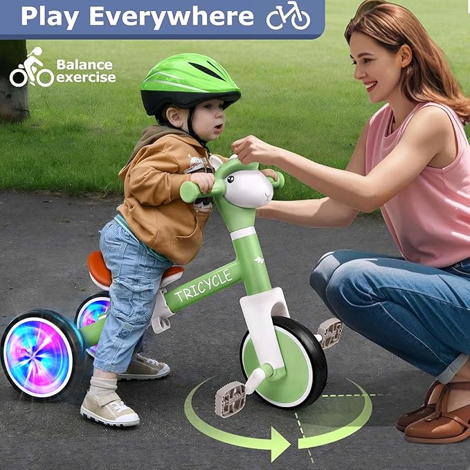 Toddler Balance Bike for Boys Girls, Tricycle for Toddlers 1-5 Year Olds, Toddler Tricycle with Light & Music Front, Kids Bicycle with Removable Pedal, Birthday Gifts for Kids (Flash Wheel Green)