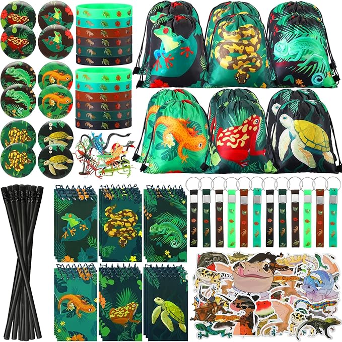 Paterr 142 Pcs Reptile Birthday Party Supplies Decorations Reptile Party Favors Bags Silicone Bracelet Wristbands Keychains Mini Notebooks Pencils Badges Stickers for Boy Girl Gift Reward