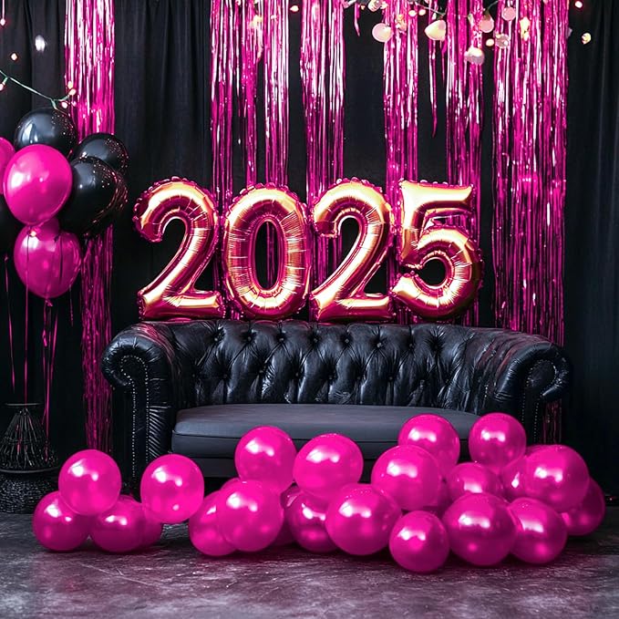 PartyWoo Hot Pink Foil Fringe Curtain Red Rose Streamers 3pcs 8.2ft Magenta Tinsel Backdrop Dark Pink Curtains for Birthday Barbie Theme Galentines Bachelorette Tequila Sunrise Party Decorations