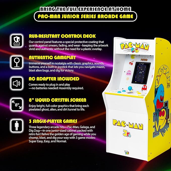 Arcade Classics Pac Man Jr Series Free Standing Machine, 3 Games, 8" Liquid Crystal Screen - Arcade Game for Basements, Garages, or Game Rooms