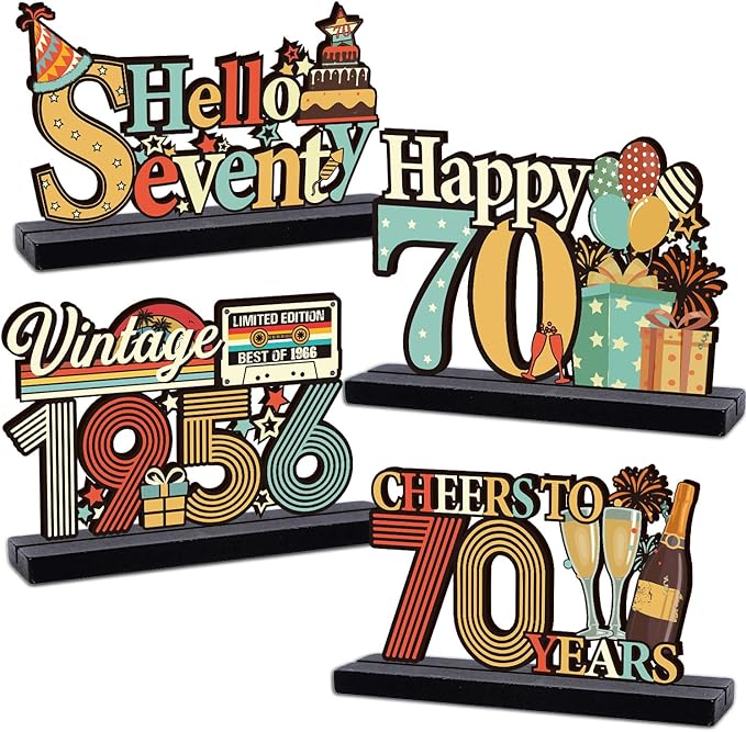 70th Birthday Decorations for Men Women - Colorful Hello Fifty Birthday Wooden Centerpieces Table Decor, Vintage 1956 Table Topper Sign, Cheers to 70 Years Old Bday Party Decor Supplies