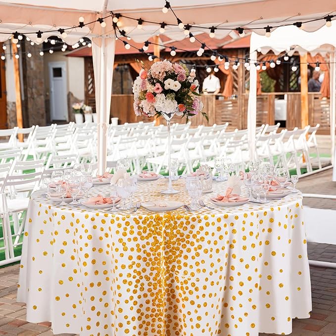 VitalCozy Round Dot Tablecloth 84 Inch Plastic Table Cover Polka Dot Confetti Tablecloths for Easter 2026 Graduation Prom Wedding Birthday Spring Party Supplies(White and Gold,12 Pcs)