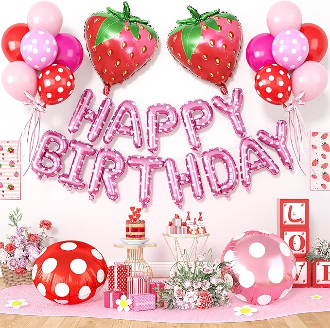 29PC Strawberry Happy Birthday Balloon Banner, 16Inch 3D Aluminum Letter Banner Sign, Red Hot Pastel Pink Printed Balloons 18 Inch Round Dot Foil Balloon for Fruit Strawberry Party Decoration