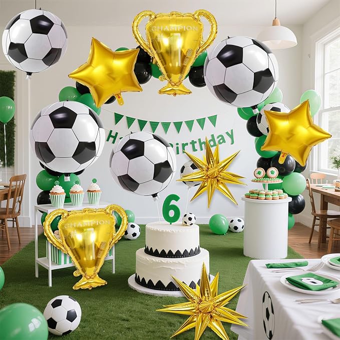 10 Pcs 4D Sphere Soccer Balloons Set with Golden Championship Trophy & Star Burst Balloon - Soccer Party Decorations for World Cup Parties, Sports Theme Birthday, Football Fans Party Decoration Supply