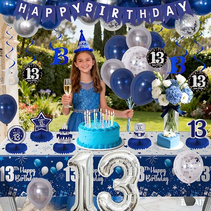 13th Birthday Decorations for Boys Girls, Blue Silver 13 Year Old Boy Bday Decor, Number 13 Balloon Happy 13th Birthday Banner Backdrop Honeycomb Centerpieces for Official Teenager Party Supplies